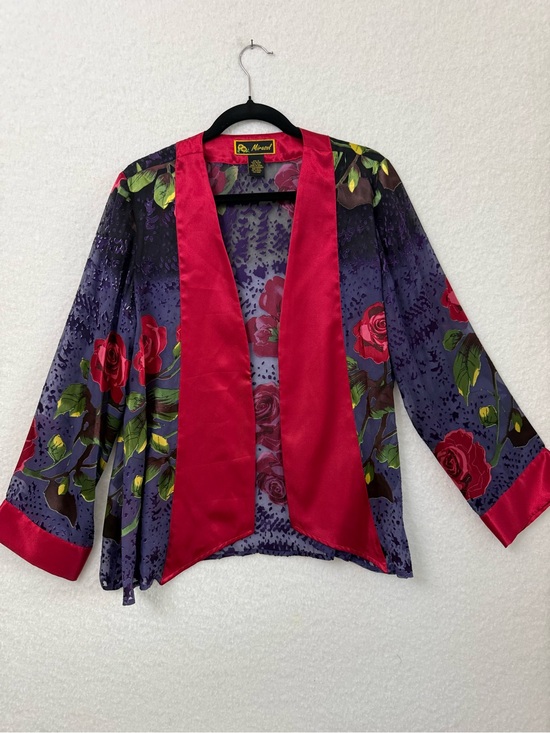 Mirasol Jackets & Blazers - Mirasol Purple Floral sheer kimono with Red Satin Trim